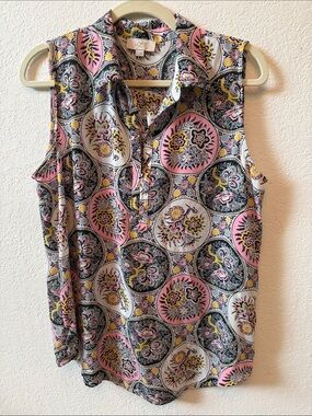 LOFT Pink, Black & White Sleeveless Printed Collared Shell